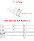Heavy Duty Plastic Hose Barb Fittings 1/2 Inch Barb To 3/4 Inch NPT Male Thread Pipe Adapter Connector Kit 600 Pack Size chart with dimensions.