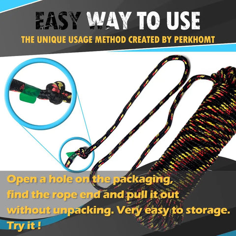 90 Ft 1/4 Inch Polyester Rope Diamond Braid shown with demonstration for easy use, unpacking and storage, black design.