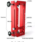 2-in-1 Door Hinge Jig and Lock Hole Drilling Kit, Adjustable Aluminum Router Template with measurement details and depth settings.