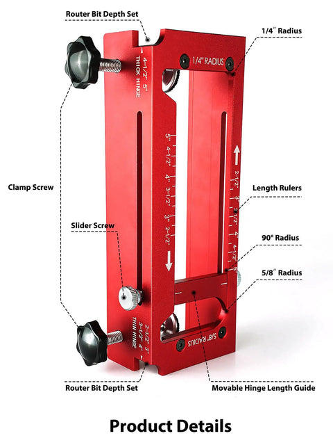 2-in-1 Door Hinge Jig and Lock Hole Drilling Kit, Adjustable Aluminum Router Template with measurement details and depth settings.