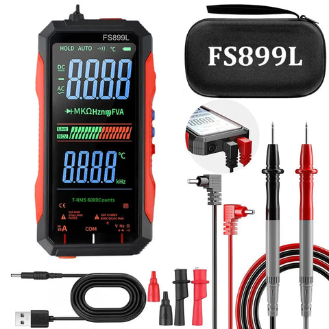 Pro Grade USB Rechargeable Digital Multimeter With 6000 Counts, Auto Range Display, Double Fuse Protection, case, and probes.