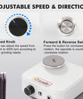 Adjustable speed knob and reverse switch on Solid Workhorse Rotary Engraver Sharpener for precise metal and wood tool sharpening.