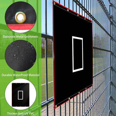 Portable 6x8 Ft Baseball Batting Backstop With Quick Setup PVC Vinyl Backdrop Target for Field, showcasing material and grommets.