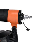 Close-up of the CN45C 3/4-Inch To 1-3/4-Inch Coil Roofing Nailer with orange aluminum housing and rubber grip.