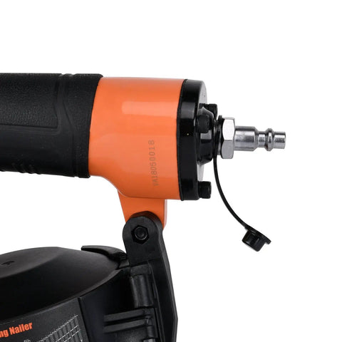 Close-up of the CN45C 3/4-Inch To 1-3/4-Inch Coil Roofing Nailer with orange aluminum housing and rubber grip.