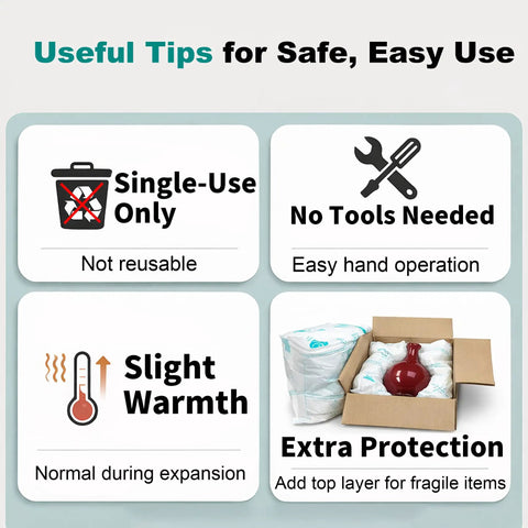 Infographic showing tips for 8 Pack Expanding Packing Foam Cushions 14x16 Inches, including single-use, no tools needed, and extra protection.