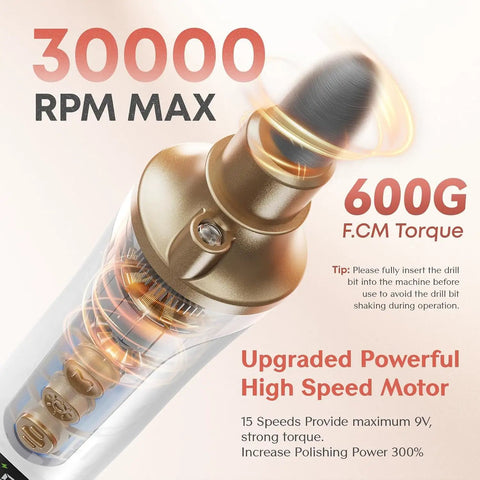 Close-up of Top Shelf Electric Nail File Kit With Fifteen Speed Settings showcasing motor details and 30000 RPM max.