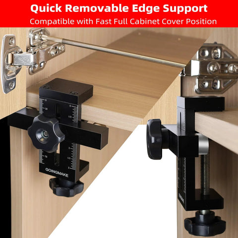 Cabinet Door Positioning Tool Jig With Quick Edge Positioner installed on wooden cabinet for frameless or face frame use
