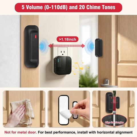 Smart Door Chime Alarm For Home And Office, Instant Door Open Alerts To Your Phone, No Brainer Setup, Great For Kids Safety And Dementia Care, 20 Chimes, 5 Volume Levels, 2.4GHz Connection, Reliable Wireless Security on wood door