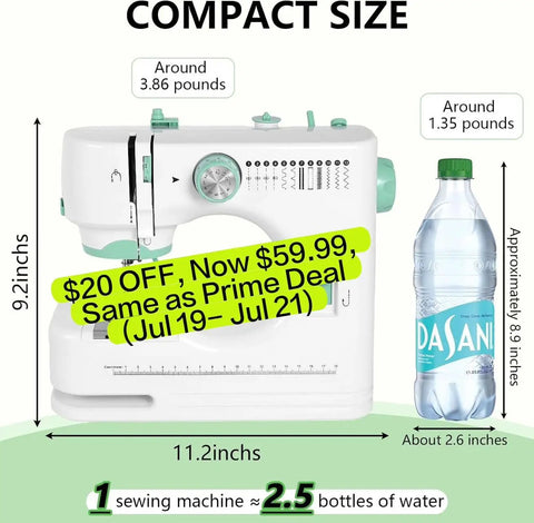 Beginner Friendly Portable Sewing Machine With Twin Needle And Reverse Stitching, 12 Built In Stitches, LED Light, foot pedal.