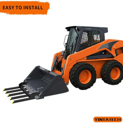 Clamp On Debris Forks For 48 Inch Bucket, 2500 Lbs Heavy Duty Fork Attachments For Skid Steer And Tractor Loader on orange loader