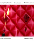 Top Shelf Self Adhesive Soundproofing Egg Crate Foam showing fire resistance test and self-extinguishing properties of red pyramid foam.