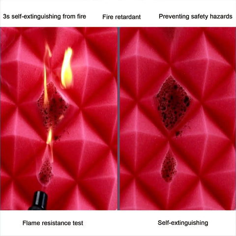 Top Shelf Knockout Sound Dampening Self Adhesive Acoustic Foam Rolls Fire resistance test of purple foam showing self-extinguishing properties.