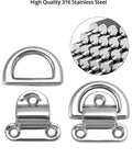 4 Pack Marine Grade Stainless Steel 316 Folding Pad Eye D Ring Anchors, 44mm By 40mm, shown with close-up of stainless steel.