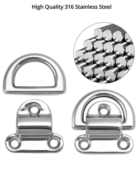4 Pack Marine Grade Stainless Steel 316 Folding Pad Eye D Ring Anchors, 44mm By 40mm, shown with close-up of stainless steel.