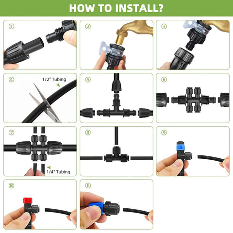 Step-by-step guide for installing Complete Two Hundred Fifty Foot Drip Irrigation Kit For Gardens with tubing and connectors.