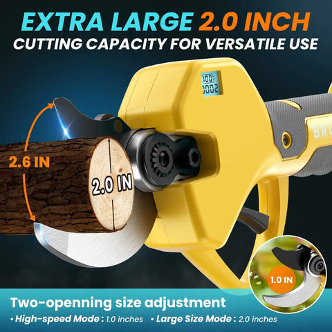 Cordless Brushless Electric Pruning Shears With 2.6 Inch Opening And Dual 2Ah Battery Pack, showing blade cutting wood.