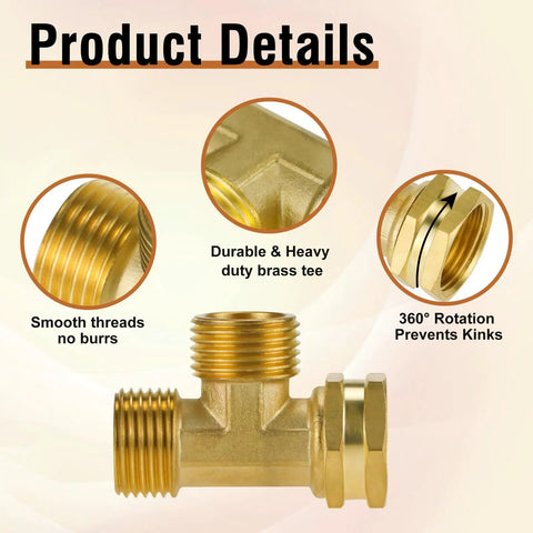 GHT 3/4 Hose Tee Adapter For Outdoor Faucets And Bibs 2 Way Garden Hose Splitter With Female To Male To Male Fittings Easy Flow Redirect For Lawn Care And Yard Projects brass tee, smooth threads, 360° rotation