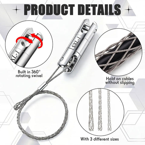 Heavy Duty 1 Ton Cable Puller Swivel Tool With 3 Mesh Grip Socks For Wire Tugging Up To 12 Mm, showing a 360° rotating swivel.