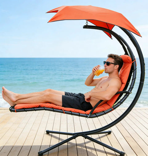 Freestanding Arc Stand Hanging Chaise Lounge Swing Chair With Curved Steel Frame For Patio Poolside Or Backyard Relaxation Hammock Lounger