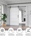 White Five Panel Barn Door With 7 Foot Track Kit Included 42 By 84 Inch Solid MDF Wood Slab Covered With Waterproof Scratch Resistant PVC Surface DIY Assembly And Easy Install, installed in living room