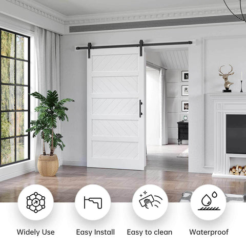 White Five Panel Barn Door With 7 Foot Track Kit Included 42 By 84 Inch Solid MDF Wood Slab Covered With Waterproof Scratch Resistant PVC Surface DIY Assembly And Easy Install, installed in living room