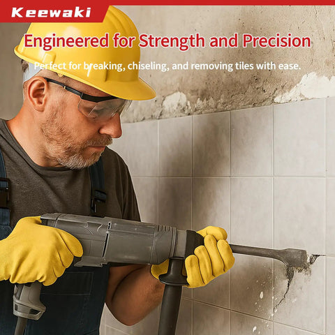 Man using 7 Piece SDS Plus Chisel Set With Case For Concrete Tile And Masonry 10 Inch Rotary Hammer Chisels on wall