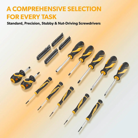 Selection of standard, precision, stubby, and nut-driving screwdrivers with multiple bit sets displayed on a gradient background.