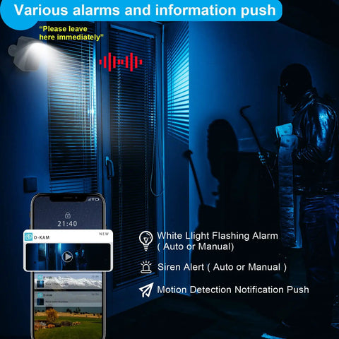 3MP 2K Solar Security Camera Wireless Outdoor No-Hassle Rechargeable Battery Powered WiFi Surveillance With Spotlight Siren capturing intruder at night