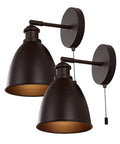 Oil Rubbed Bronze Farmhouse LED Wall Sconce Duo With Pull Chain Slick Industrial Bedroom Lighting 6.5 Inch Metal Shade Hardwired Set Of 2 LED Bulbs Included