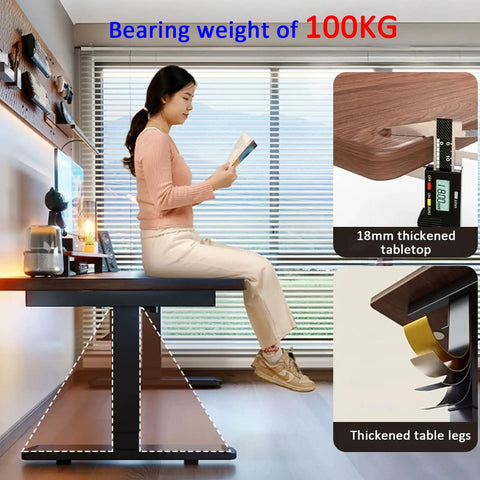Brown Adjustable Standing Desk With Three Memory Buttons And Anti Collision Safety Tech For Home Office Setup, featuring 18mm thick tabletop and sturdy legs.