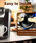K-Cup pod holder replacement for Keurig; black plastic insert shown being installed in a Keurig coffee maker.