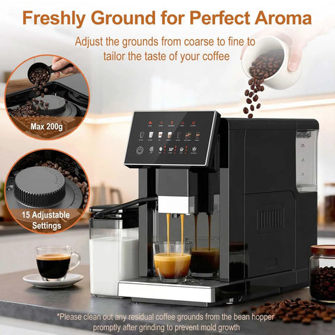Total Game Changer Super Automatic Espresso Machine With Built In Grinder And 15 Custom Settings For Barista Grade Lattes And Smooth Americanos Making Home Brewing A Sweet Treat showing adjustable grinder settings and coffee extraction.