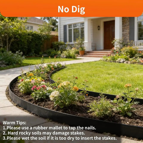 Green Orange Landscape Edging Border For Lawn And Garden, flexible plastic edging outlining a flower bed in front of a house.
