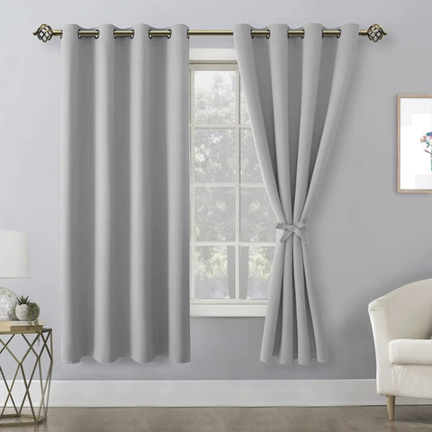 Blackout Curtains For Bedroom 52 By 63 Inches No Drill Required Thermal Insulated Light Blocking Window Panels With Sewn In Tiebacks Silver Grey