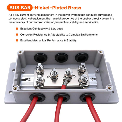Heavy Duty 500A Bus Bar Tin Plated Copper Junction Block with six M8 studs and red wiring for power distribution.