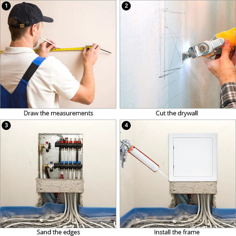 QWORK 10x10 inch plastic drywall access panel installation steps measure cut sand install frame