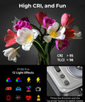 Vibrant flowers under Vibe P108 Pro RGB Video Light For Cameras with 12 effects and LCD screen, showcasing CRI > 95