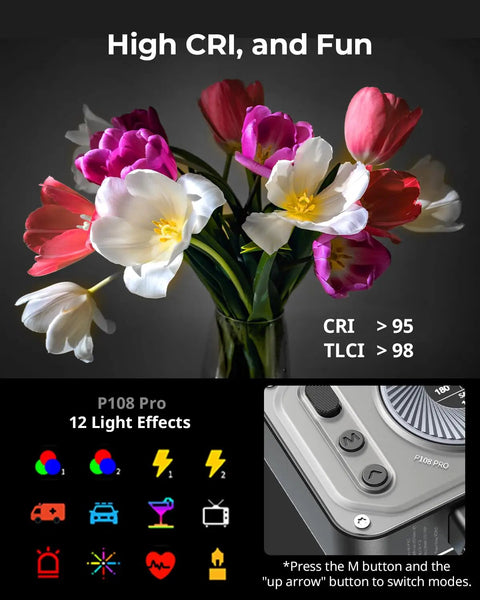 Vibrant flowers under Vibe P108 Pro RGB Video Light For Cameras with 12 effects and LCD screen, showcasing CRI > 95