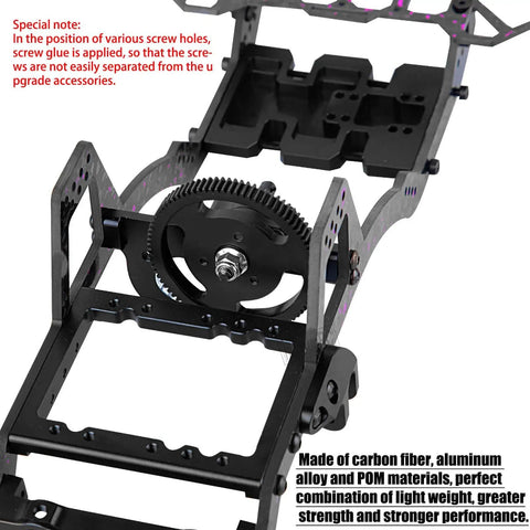 Carbon Fiber Chassis Kit With Front Mounted Transmission Upgrade For 1 By 10 RC Crawlers SCX10 SCX10 II Capra 1.9 UTB And Other DIY Builds Aluminum Gearbox Lightweight Performance Upgrade close-up view