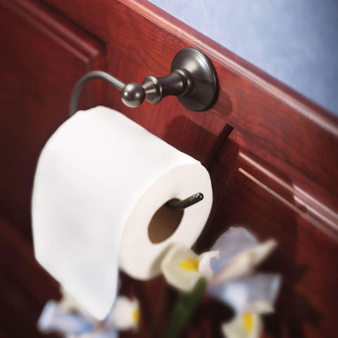 Danbury Collection European Single Post Toilet Paper Holder In Oil-Rubbed Bronze, mounted on wood panel with toilet paper roll