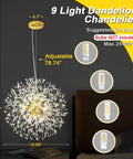 Lit Modern Gold Crystal Chandeliers With Firework Dandelion Sputnik Design, 9-Light Dimmable Pendant shown above a bed.