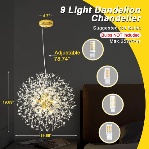 Lit Modern Gold Crystal Chandeliers With Firework Dandelion Sputnik Design, 9-Light Dimmable Pendant shown above a bed.