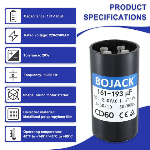 Universal Round Start Capacitor 161-193 uF 220-250V AC For Motors And Appliances Replacement Part 50 60 Hz High Temp -40C To 65C Durable CD60 Compatible Replacement For Any Brand With The Same Capacitance And Voltage Easy Install Durable Build. round motor starter capacitor with metalized polypropylene film