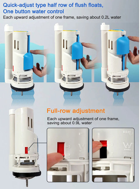 Two Inch Toilet Flush Valve Assembly with top push button, quick-adjust water control mechanism, dual flush system.