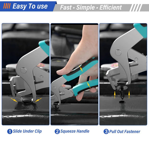 Using Straight Up Pro Grade Car Clip Pliers to remove a plastic fastener from a vehicle dashboard, demonstrating its ergonomic grip.