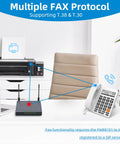 Office setup showing Analog Telephone Adapter With 1 FXS Port For VoIP, SIP Ready, AP And Repeater Mode, T38 Fax Support.