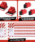 Pro Grade Electrical Lockout Tagout Kit with breaker lockout devices and 20 locking tags for industrial safety procedures.