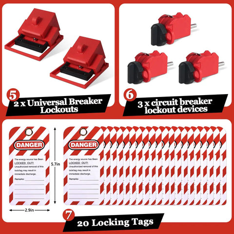 Pro Grade Electrical Lockout Tagout Kit with breaker lockout devices and 20 locking tags for industrial safety procedures.