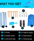 Sun Shield Beach Canopy Tent With UPF 50 Plus Protection parts: poles, pegs, ropes, cords, shovel, bag, for setup and stability.